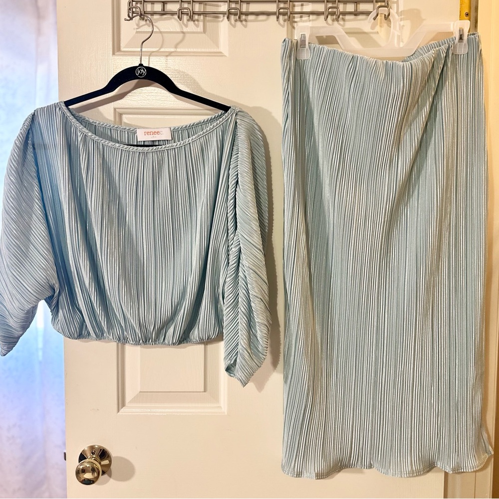 Brand New Elegant Blue Pleated Skirt and Top Set